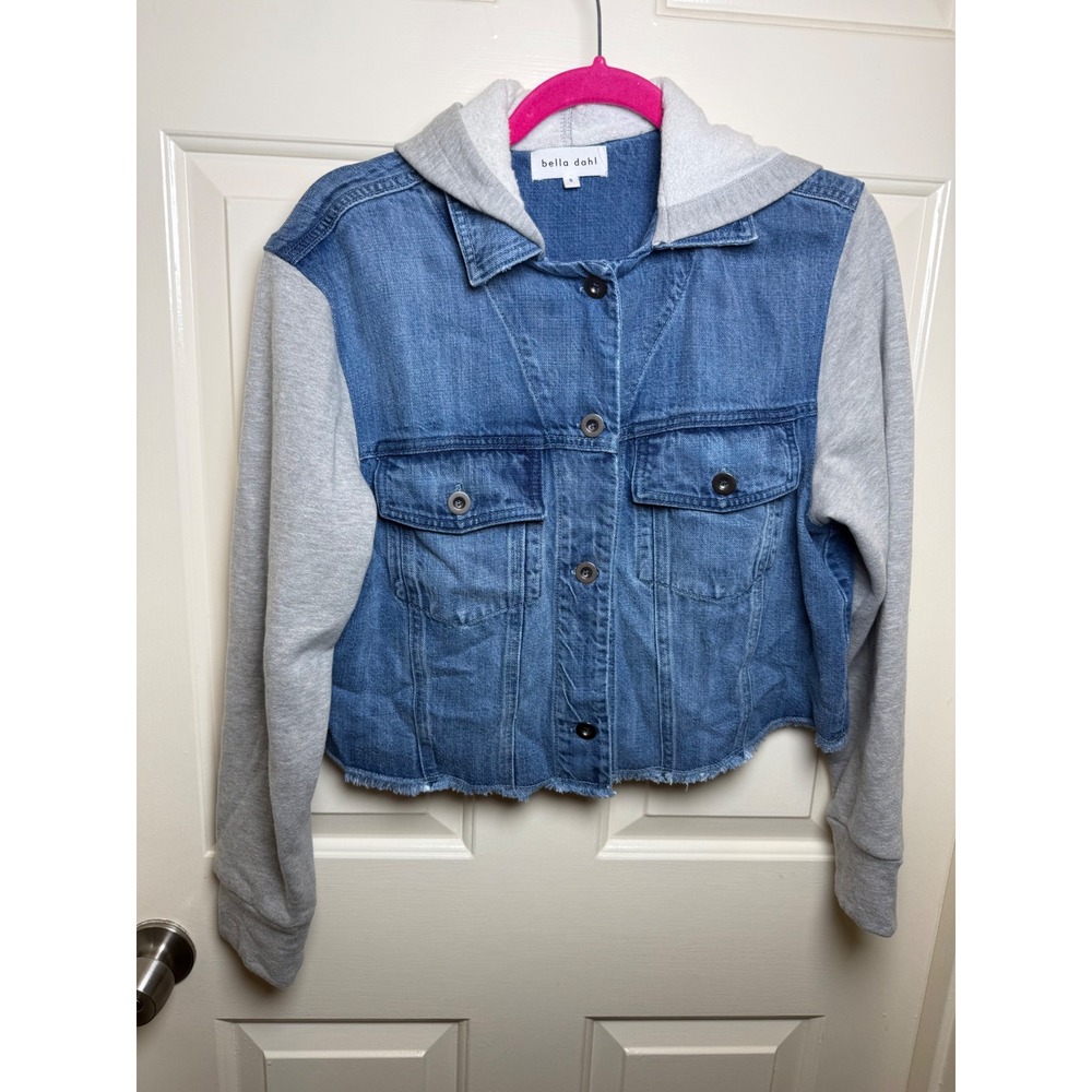 Bella Dahl Cropped Mixed-Media Denim Jacket Blue Grey Hooded
